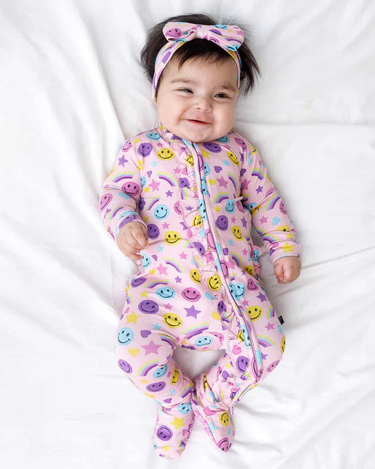 Smiley Rainbow Ruffled Zippered Footie – Bamboo Baby Sleeper