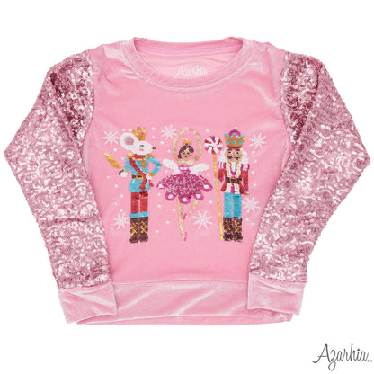 Nutcracker Sequin Sleeve Sweatshirt – Pink Velvet Christmas Top for Girls