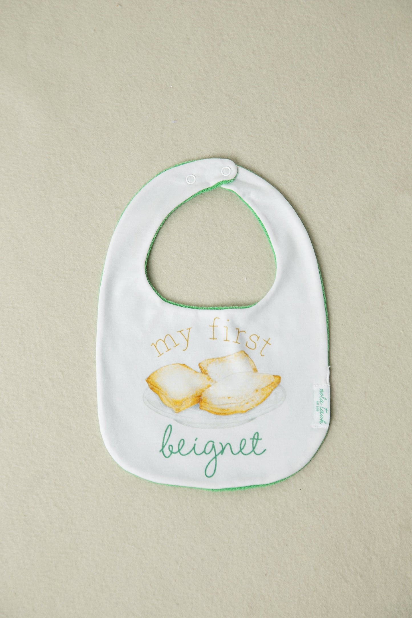 My First Beignet Organic Cotton Baby Bib-Rogue Magnolia Custom Designs