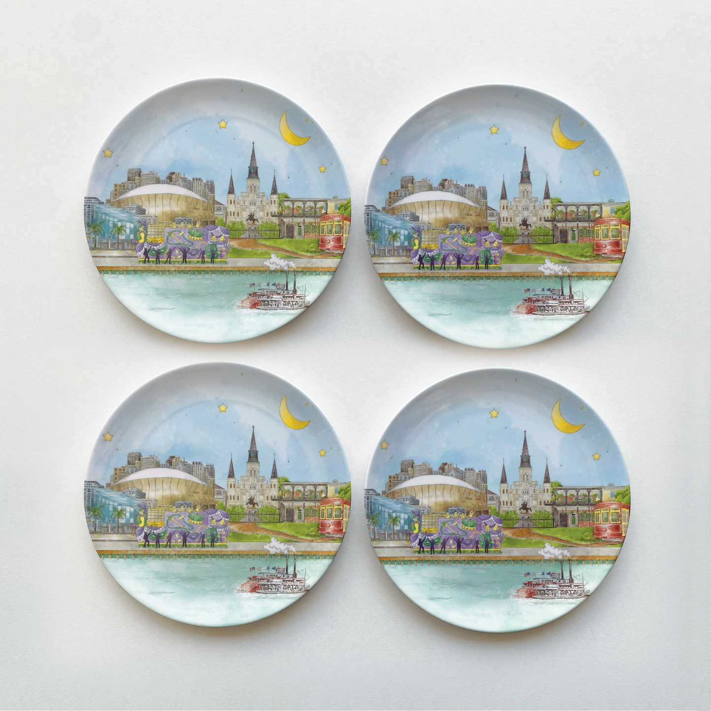 New Orleans Skyline Melamine Dessert Plates-Rogue Magnolia Custom Designs