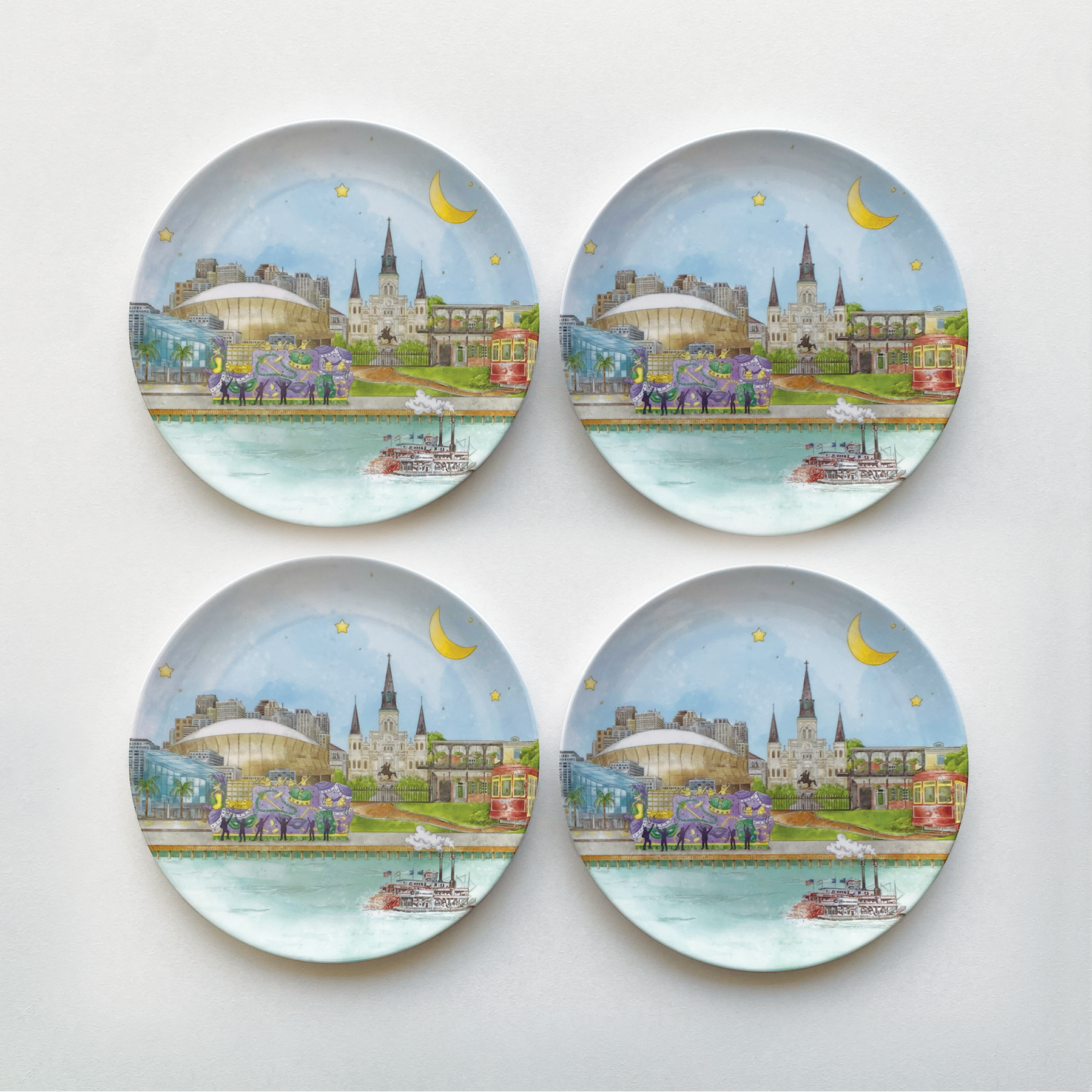 New Orleans Skyline Melamine Dessert Plates-Rogue Magnolia Custom Designs
