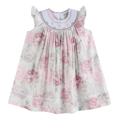 Pink and White Peony Bunny Smocked Bishop Dress
