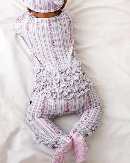 Josephine Ruffled Zippered Footie – Bamboo Baby Sleeper with Floral Print & Heart Grips